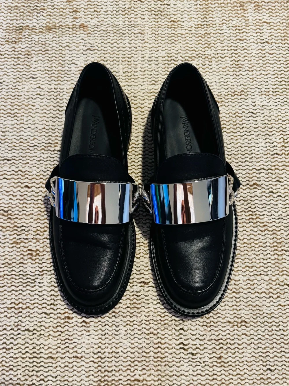 JW ANDERSON Black Leather Loafers with Silver Plate